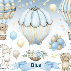 Teddy bear,Hot air balloons,Baby boy shower, Baby bunny, Kite, clouds, Blue Floral Clipart PNG Watercolor painting Clip art  Greeting card