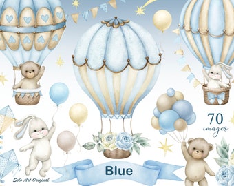 Puede incluir: Un conjunto de 70 ilustraciones de acuarela en tonos azules y beige con globos aerostáticos, osos de peluche, conejos, estrellas y arreglos florales. Las ilustraciones son perfectas para crear invitaciones, tarjetas y otras manualidades de papel.