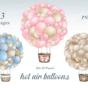 Hot air balloons set. Baby shower clipart /pink,blue, brown, neutral colors/ Clipart PNG Watercolor painting