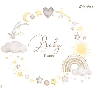 Invito per baby shower Cornice Boho Rainbow Colore neutro PNG JPEG Clipart Cornice acquerello con arcobaleno, nuvole, stelle Clip art Biglietto di auguri