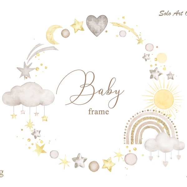 Baby shower invitation Boho Rainbow frame Neutral color PNG JPEG Clipart Watercolor frame with rainbow,clouds,stars Clip art Greeting card