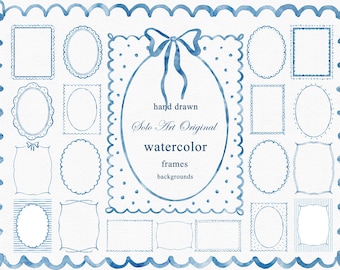Watercolor Hand-Drawn Frames Clipart Blue PNG – Whimsical Wavy Squiggle Swirls Borders for Invitations, Canva,Weddings,Baby Showers,Journals