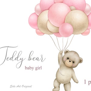 Teddy Bär Clipart airballoons Baby-Mädchen Rosa Clipart Baby Neugeborene PNG Aquarell Malerei Clip Art Grußkarte Scrapbooking