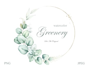 May include: Watercolor illustration of a circular wreath with eucalyptus leaves and succulents in shades of green and gray. The text "watercolor Greenery" is displayed within a gold-colored ring. The image also includes "PNG" and "JPEG" text.