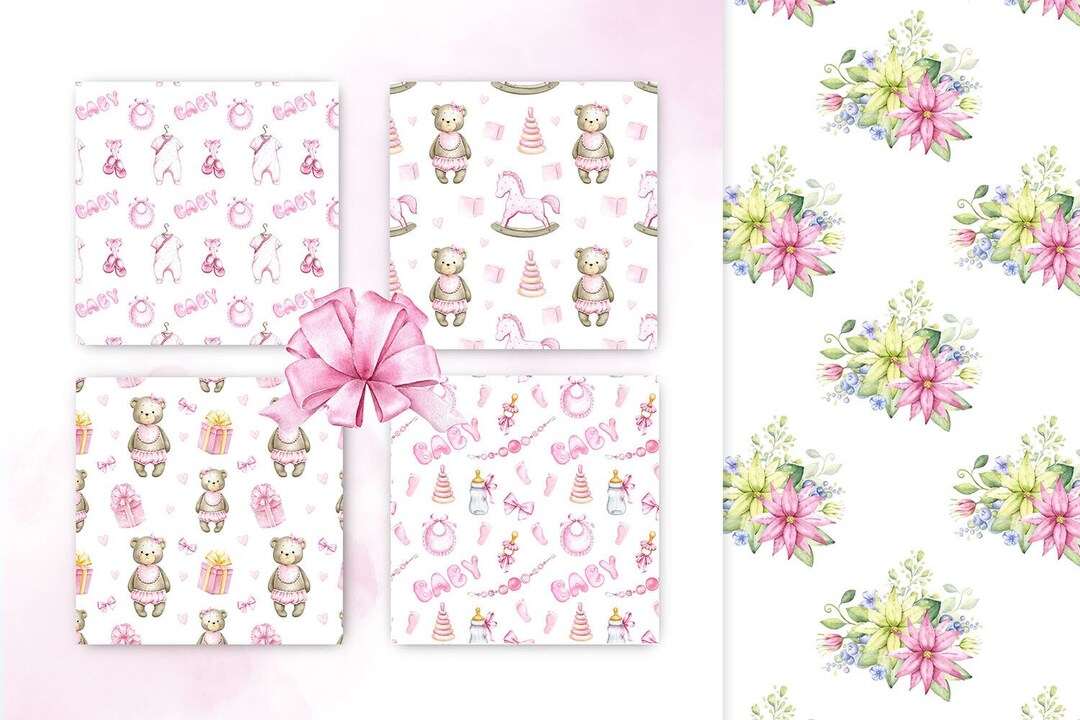 Teddy Bear Baby Girl Background Digital Paper Pink Nursery Seamless ...