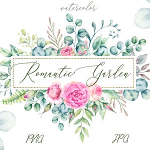 Eucalyptus leaves pink flowers Floral Botanical Watercolor frame PNG JPG Greenery Leafy Clipart Wedding invitation Greeting card printable