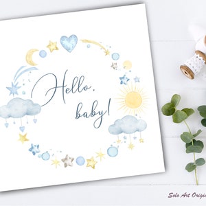 Rainbow Teddy bear Baby boy shower Bunny blue Floral frame Clipart newborn PNG Watercolor painting Clip art Greeting card image 8