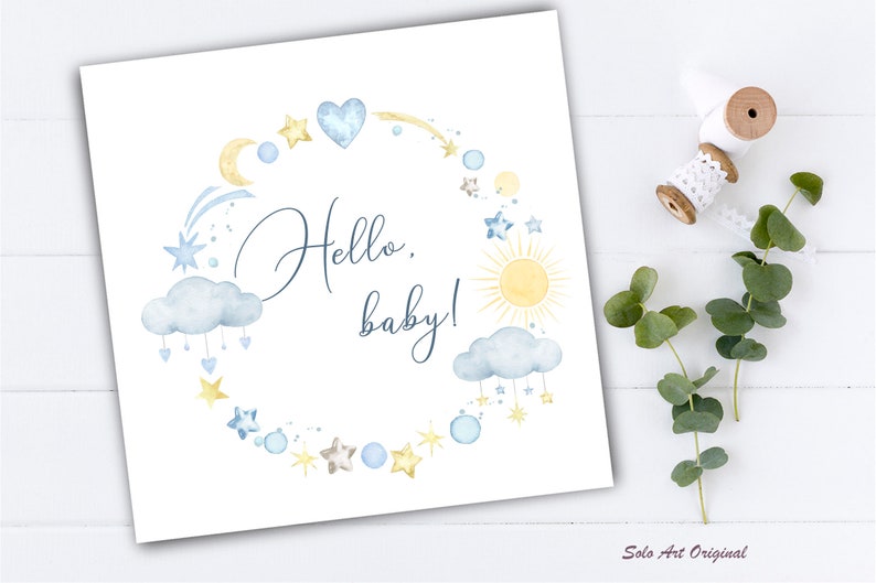 Rainbow Teddy bear Baby boy shower Bunny blue Floral frame Clipart newborn PNG Watercolor painting Clip art Greeting card image 8