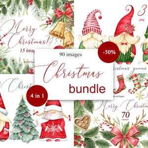 Pacote de clipart de Natal, moldura, gnomo, sinos, meias, poinsétia, enfeites de Natal, frutas, arcos, visco, buquê floral, PNG, aquarela digital