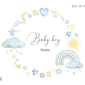 Cornice per baby shower PNG JPEG Clipart Cornice acquerello con arcobaleno blu, nuvole, stelle Clip art Biglietto di auguri Scrapbooking