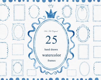 Könnte beinhalten: Aquarell-Illustration mit 25 handgezeichneten blauen Rahmen in verschiedenen Formen, darunter ovale und rechteckige Designs. Ein großer ovaler Rahmen mit einer Krone und der Zahl 25 in der Mitte. Das Bild hat einen weißen Hintergrund mit blauen Punktbordüren.
