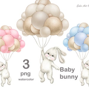 Babykonijntje PNG-ballonnen Clipart Babyjongen, babymeisje, pastel neutrale douche Babydieren PNG Aquarel schilderij Wenskaart Scrapbooking
