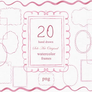 Pode incluir: Uma coleção de 20 molduras em aquarela desenhadas à mão em várias formas, incluindo retângulos e ovais, em um tom rosa suave. A imagem inclui o texto "20 hand drawn watercolor frames" e "png".