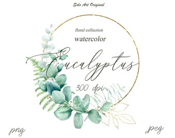 Eucalyptus Clipart Greenery Wreath Wedding Floral  Botanical  Watercolor frame PNG JPEG Leafy Wedding invitation Greeting card Scrapbooking