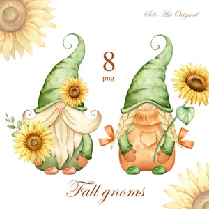 Dia de Ação de Graças Gnomos Outono girassóis Outubro Outono temporada clipart Verdura Floral Botânico Aquarela PNG Folhagem Cartão de felicitações