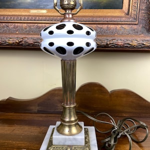 Milk Glass Thumbprint Lamp Brass Marble Base Column Table Lamp Vintage
