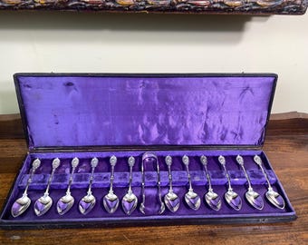 Sterling Silver Set of 10 Antique Coffee Demitasse Spoons Medallion Pointed Tips Roman Soldiers Tooled Leather Casket Box 1800s