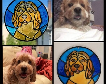 May include: A collage of four images featuring a brown and white dog. The top left image shows a stained glass window with a blue and yellow design of the dog's face. The top right image shows the dog sitting on a white blanket. The bottom left image shows the dog wearing a pink and white party hat. The bottom right image shows a stained glass window with a blue and yellow design of the dog's face.