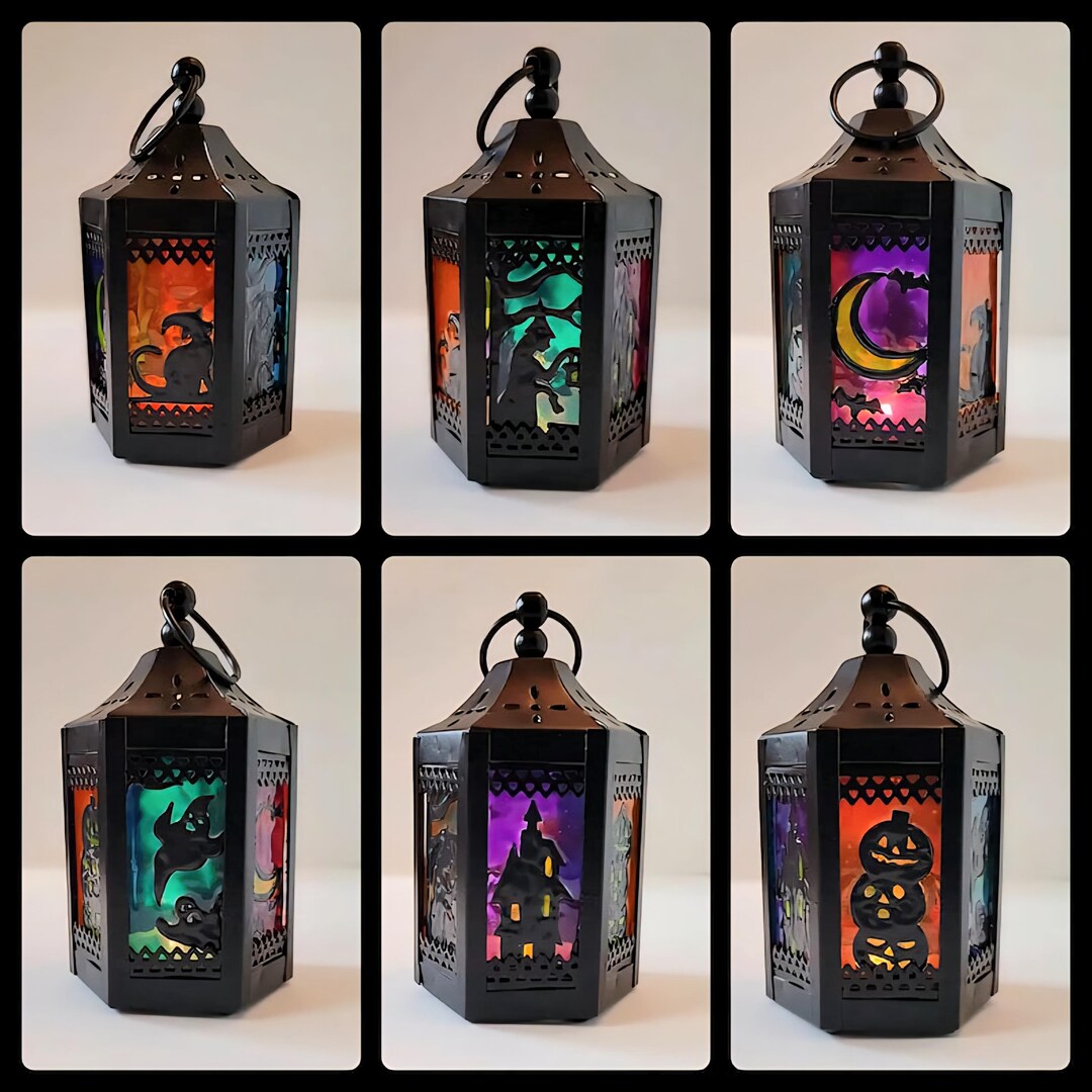 ONE Halloween Candle Mini Lantern Stained Glass Decor Witch Ghost Black ...