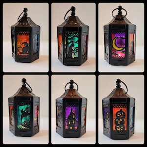 ONE Halloween Candle Mini Lantern Stained Glass Decor Witch Ghost Black Cat Jack O Lantern Bat Cauldron Haunted House Decor Moon Silhouette