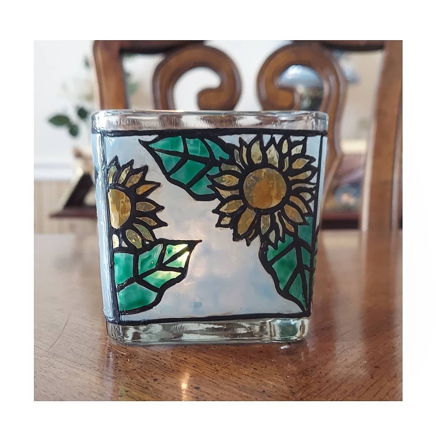 Sunflower Candle Jar Stained Glass Hand Painted floral Etsy