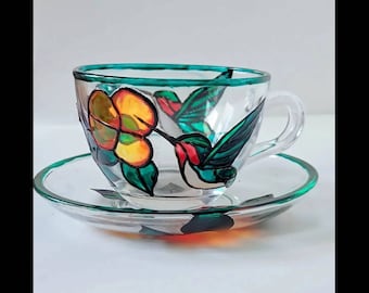 Teacup Set Hummingbird and Hibiscus Floral Stained Glass Tea Time Coffee Addict Housewarming Gift Mother's Day Birthday Cup and Saucer Art