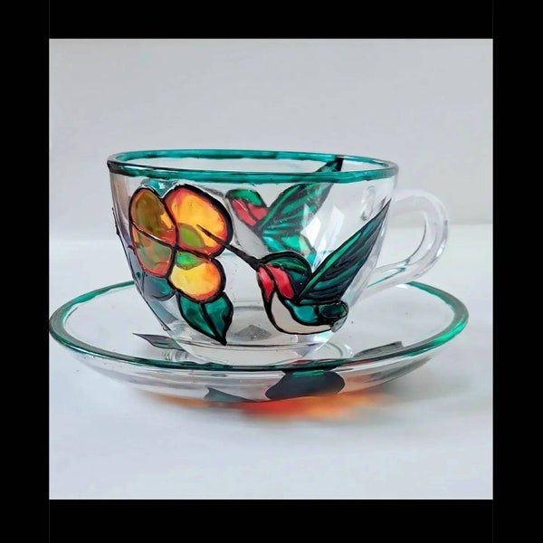 Teacup Set Hummingbird and Hibiscus Floral Stained Glass Tea Time Coffee Addict Housewarming Gift Mother's Day Birthday Cup and Saucer Art