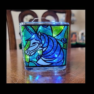 Unicorn fairytale fantasy candle holder jar stained glass hand painted fairy lights candles votive unicorns party kids gifts fiction books