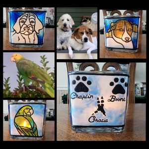 Custom pet portrait dog cat hamster hand painted stained glass candle jar