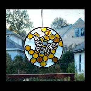 Bumble Bee Honeycomb Suncatcher Stained Glass Window Hanging Decor Honeybee Teacher Gift Hand Painted Bee Lovers Bugs Insects Nursery Decor