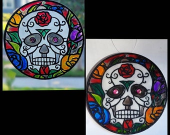 Sugar Skull Jewel Eyes Sun Catcher Stained Glass Rose Halloween Day of the Dead Horror  Decor Hand Painted Window Display Mexican Art Inspir