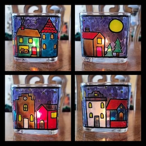 Village Town Starry Night Candle Jar Stained Glass Cottage Full Moon Hand Painted Cat Kitten Cozy Winter Housewarming Gift Birthday For Her