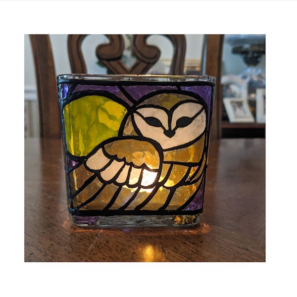 Owl Hand painted stained glass candle jar, snowy owl, barn owl, snow owl, brown, arctic,tawny barred owl customizable, birthday gift ideas