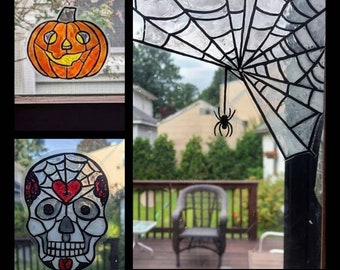 Hand Painted Pumpkin/ Jack o Lantern/Halloween Window Clings Bundle Deal Sugar Skull Spider Web Stained Glass Effect Stickers Spooky Horror