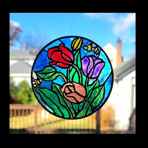 Tulips suncatcher stained glass floral colorful window hanging decor botanical art greenhouse gifts for flower lovers gardening garden