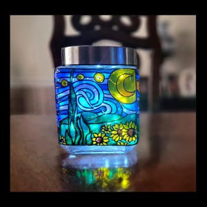 Van Gogh Starry Night Sunflowers Inspired Jar with Fairy Lights Stained Glass Monet Water Lilies Louis Comfort Tiff Hand Painted Famous Art