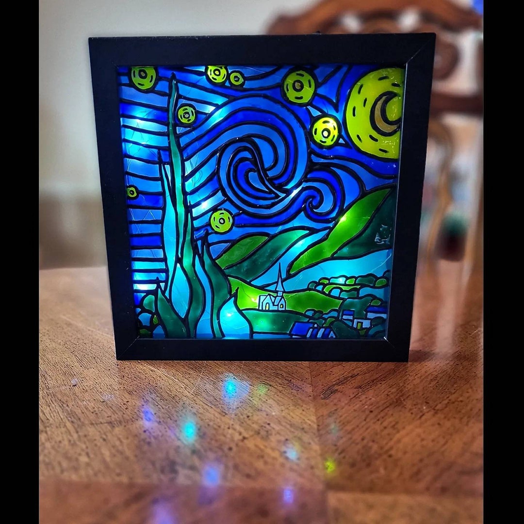 Starry Night Van Gogh Stained Glass Shadow Box With Fairy Lights