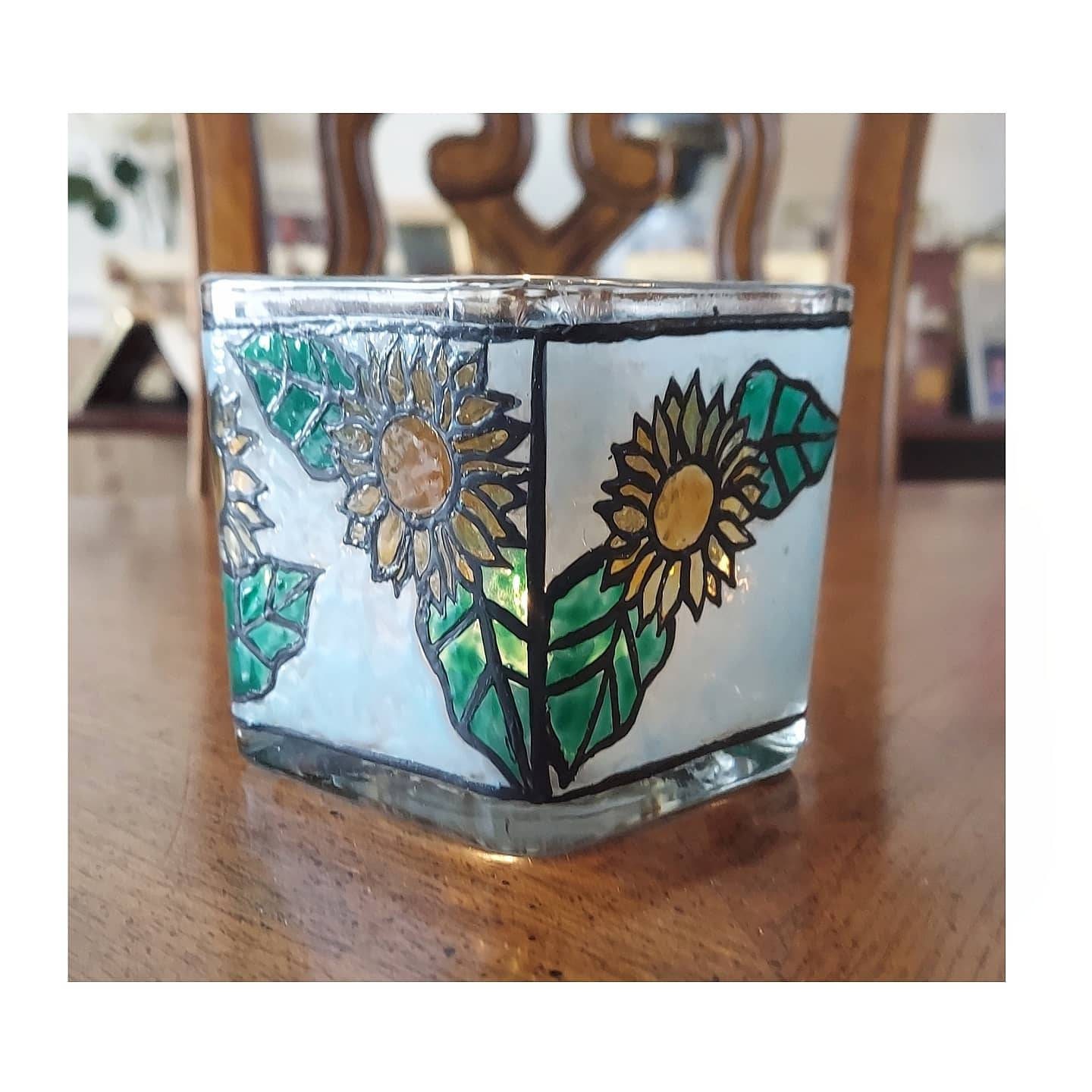 Sunflower Candle Jar Stained Glass Hand Painted floral Etsy