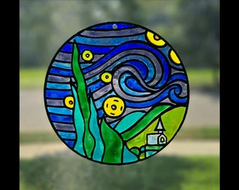 Starry Night Van Gogh suncatcher Stained glass classic art gift for art lovers art teachers famous artist celestial window hanging decor
