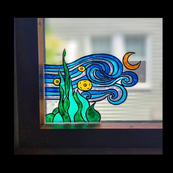 Starry Night Van Gogh Window Cling Hand Painted Stained Glass Classic Art Famous Artist Artists Car Decal Sticker Handmade