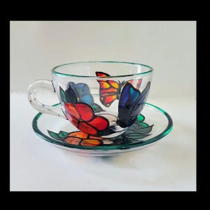 Butterfly Teacup Set Stained Glass Tea Time Coffee Addict Butterflies Floral Spring Housewarming Gift Mother&#39;s Day Birthday Cup and Saucer