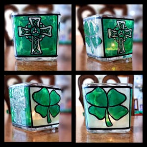 Celtic Knot Cross Shamrock Irish Four Leaf Clover St. Patricks Day stained glass candle jar hand painted Catholic Religion Patty&#39;s Day Decor