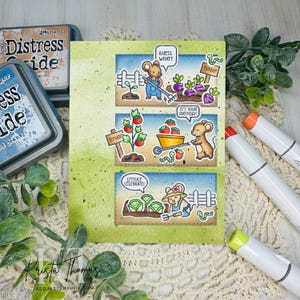 Une carte végétarienne de joyeux anniversaire avec des souris fauves dans le jardin