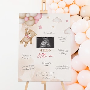 Puede incluir: Un letrero de baby shower en un caballete de madera. El letrero presenta un oso de peluche sosteniendo globos, una imagen de ultrasonido y las palabras "HELLO little one". El texto adicional incluye buenos deseos y nombres. El fondo tiene tonos rosas y melocotón.