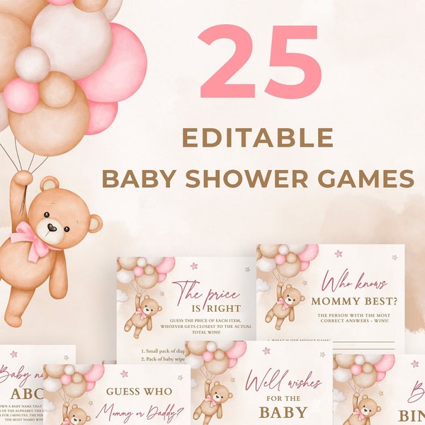 EDITABLE Pink Teddy Bear Baby Shower Games, Pink Bear Hot Air Balloon Games Bundle, We Can Bearly Wait Baby Shower Game Pack Baby Girl