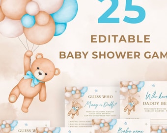 Peut inclure: Un ensemble de 25 jeux de baby shower imprimables mettant en scène un ours en peluche tenant des ballons bleus et bruns. Les jeux comprennent "Devinez qui : Maman ou Papa ?", "Qui connaît le mieux Papa ?", "Le prix est juste", "ABC du prénom du bébé" et "Bingo du bébé".