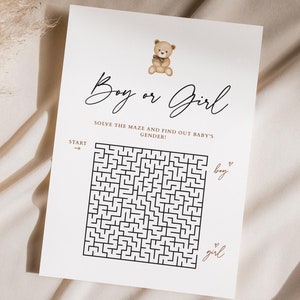 Boy or Girl Maze Game, Minimalistic Baby Shower Maze, Beige Teddy Bear Labyrinth Game, What Will Baby Be Maze Game