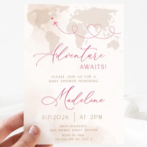 Avontuur wacht op uitnodiging babyshower, roze vliegtuig, wereldreiziger (digitale uitnodiging)