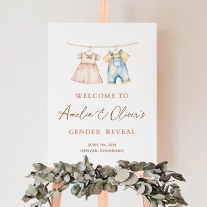 Boho Baby Clothes Gender Reveal Party, Boho Gender Reveal Welcome Sign, Minimalistic He or She Welcome Banner Baby Clothesline Vintage