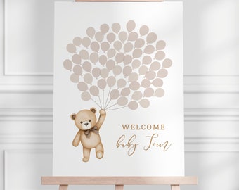Livre d'or d'empreintes digitales d'ours en peluche marron et de ballons, signe d'arbre d'empreintes digitales de baby shower d'ours, ours beige et montgolfières non sexiste